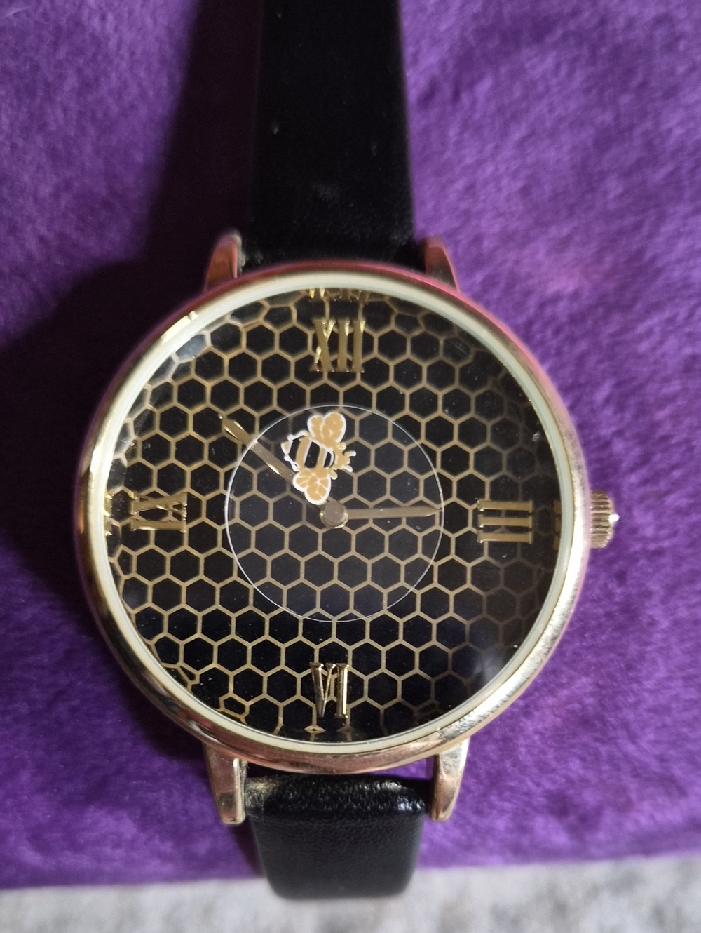 Gold Honeycomb And Bee Dial Women's Watch with Black Leather Strap